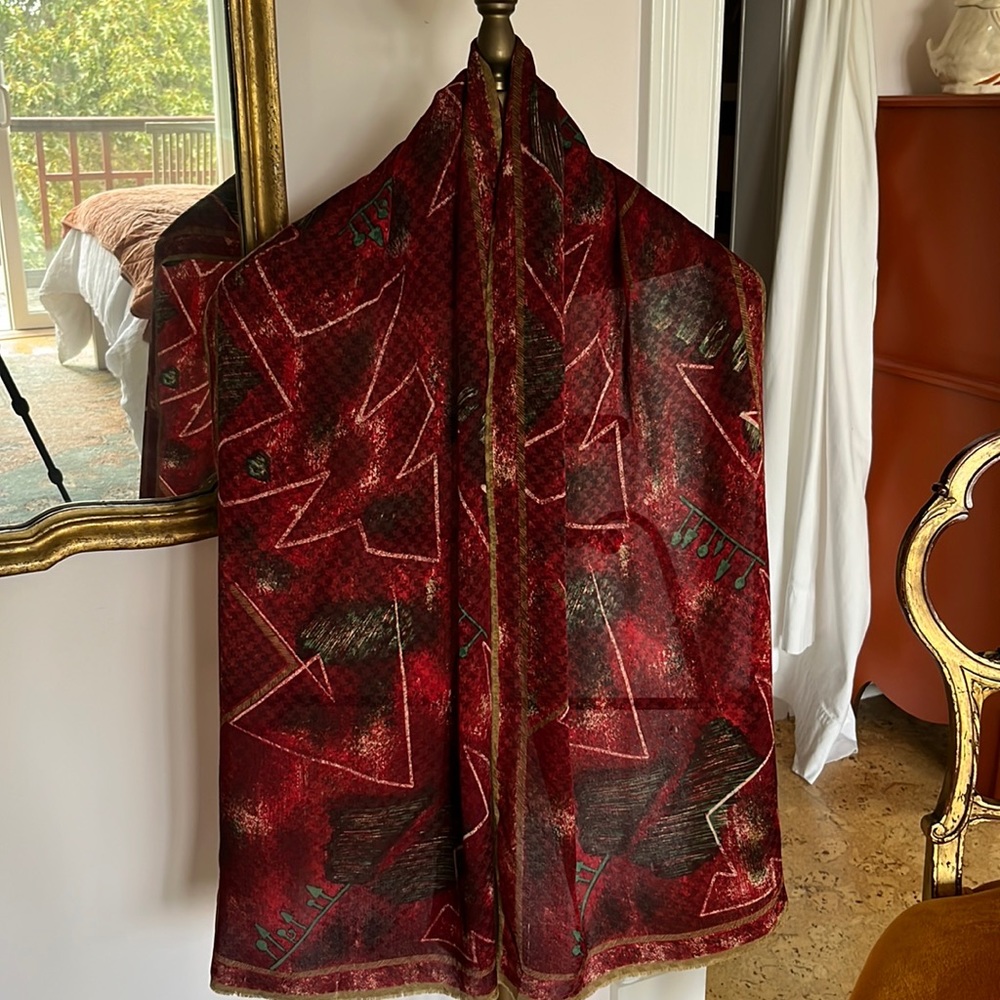 Vintage Silk Scarf Albert Nippon Maroon Gold Black Green